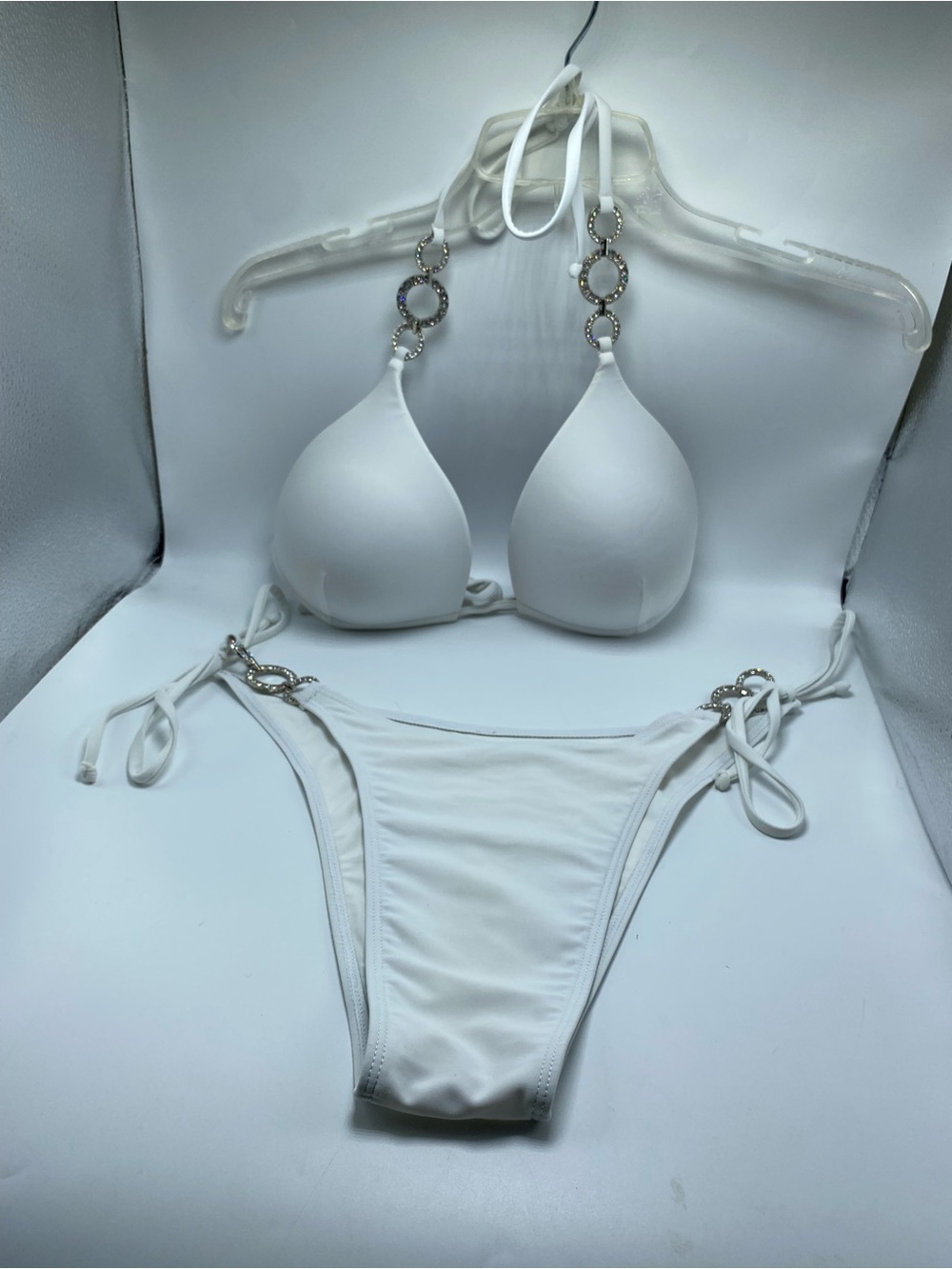 White Halter Tie-Side Bikini with Decorative Ring Deta